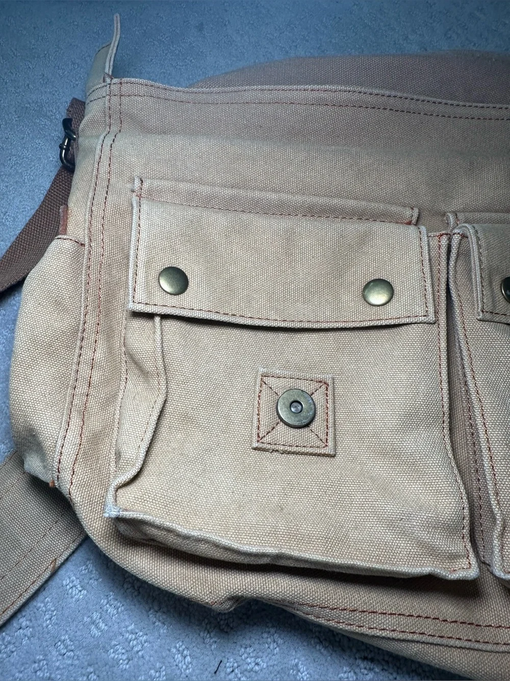 Canvas & Leather Messenger Bag Khaki Brown Crossbody Tab Brown Pockets Zip